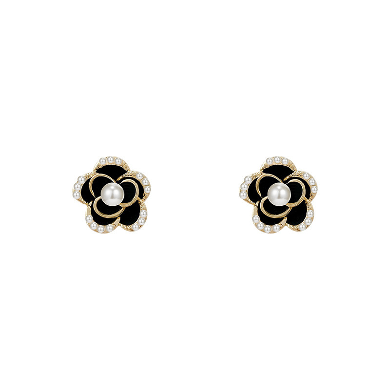 S925 Silver Needle Black Camellia Pearl Earrings, a versatile and unique design with a high-end feel, are popular earrings on the Internet Item Picture