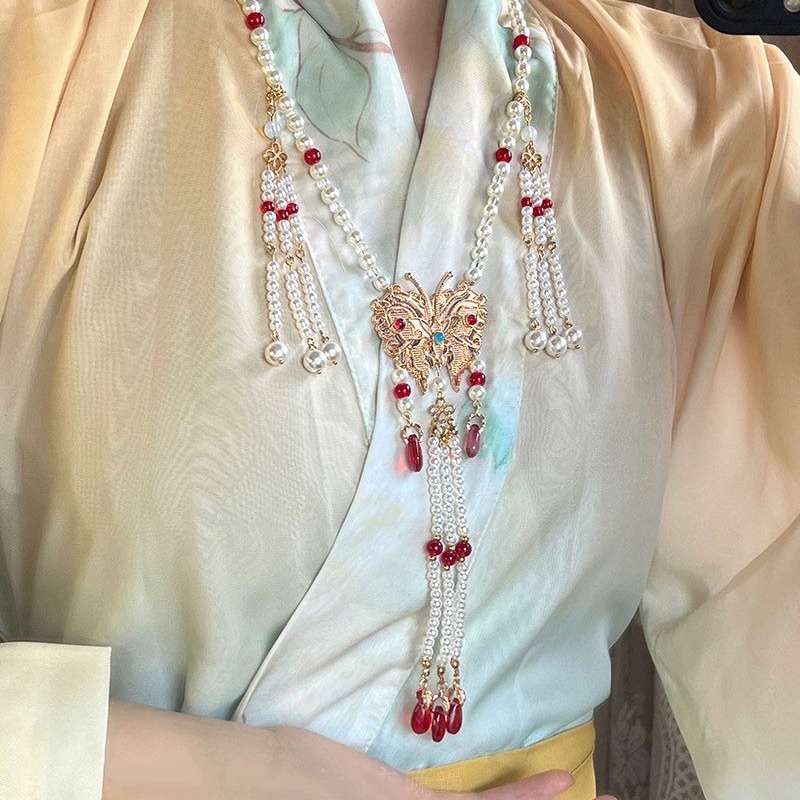 "Feng Lai Yi" Traditional Chinese style red lion and butterfly necklace, autumn and winter Hanfu cheongsam, horse face skirt, back cloud tassel accessory Specification drawing