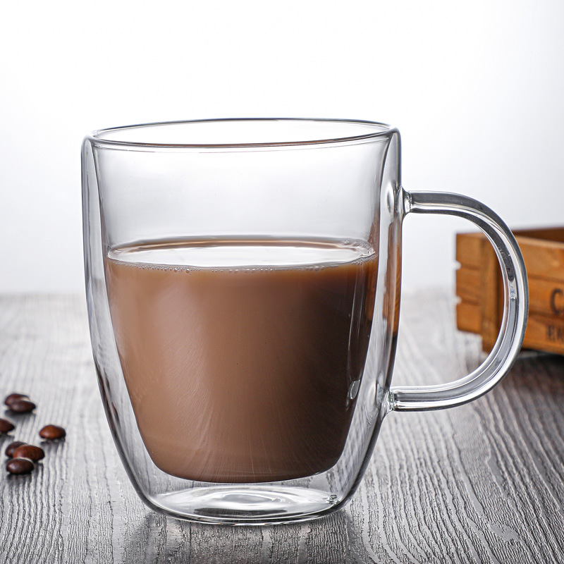Double-layer mugs, high-temperature resistant tea brewing cups, household coffee cups with handles, double-layer glass cups, breakfast milk cups full figure
