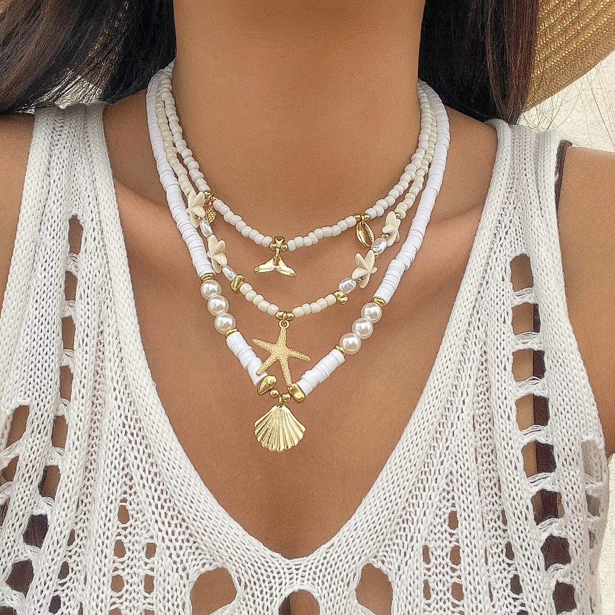 European and American cross-border ocean-style shell and turquoise multi-layer necklace beach starfish beaded necklace item jewelry for women full figure