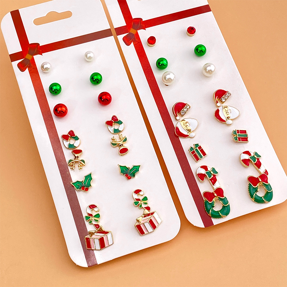 Christmas earring set: New alloy oil-dripping earrings, cross-border export fashion pearl Christmas Tree 8 pairs details Picture