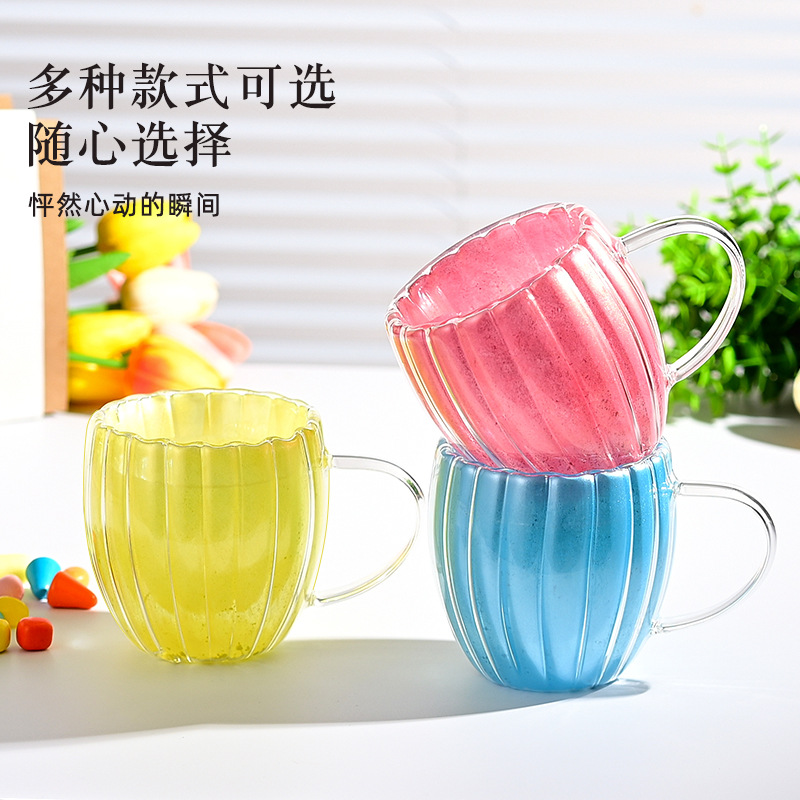 High borosilicate petal vertical striped glass cup, home color handle cup, home office breakfast coffee milk cup Application Scenario