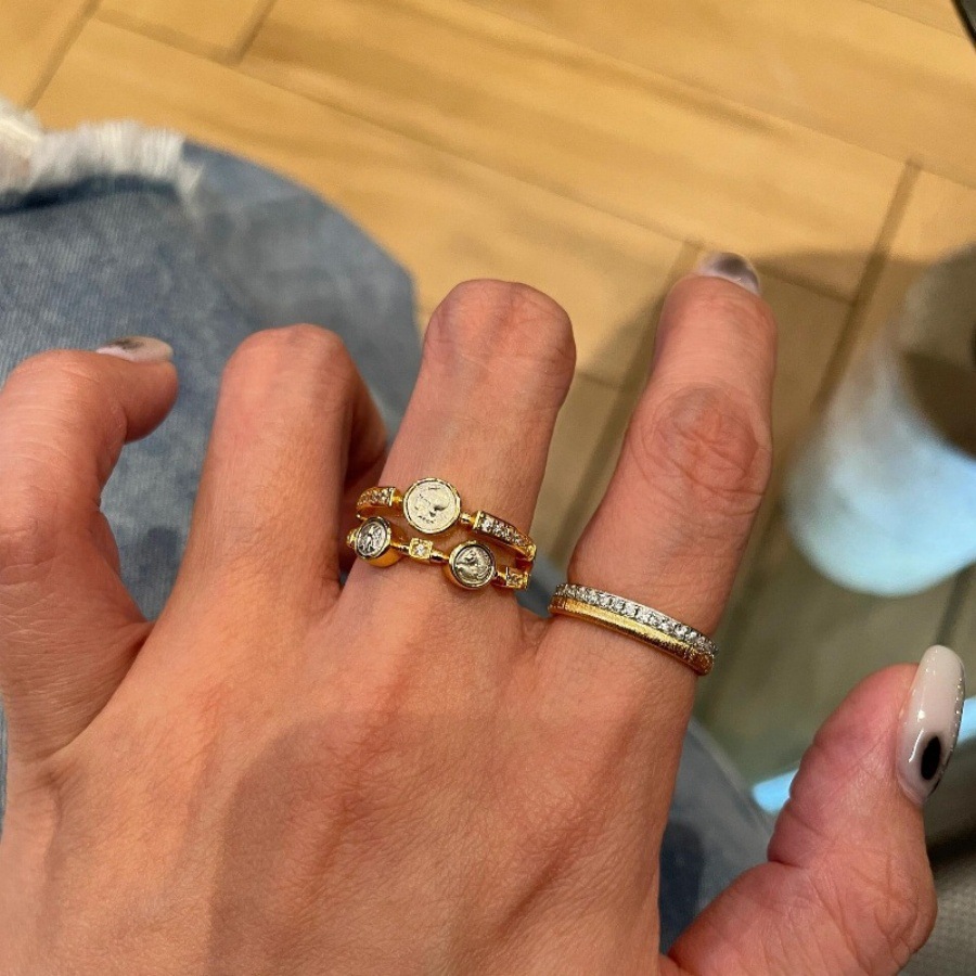 Vintage double-layer Athena three ancient coins ring, a light luxury and niche design for women, a high-end index finger ring Specification drawing