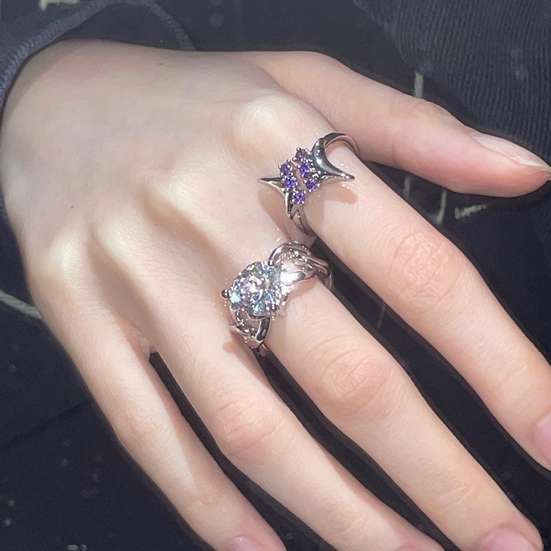 Purple star irregular symmetrical zircon ring for women, isn, niche, light luxury, high-end, cold style, open adjustment Specification drawing