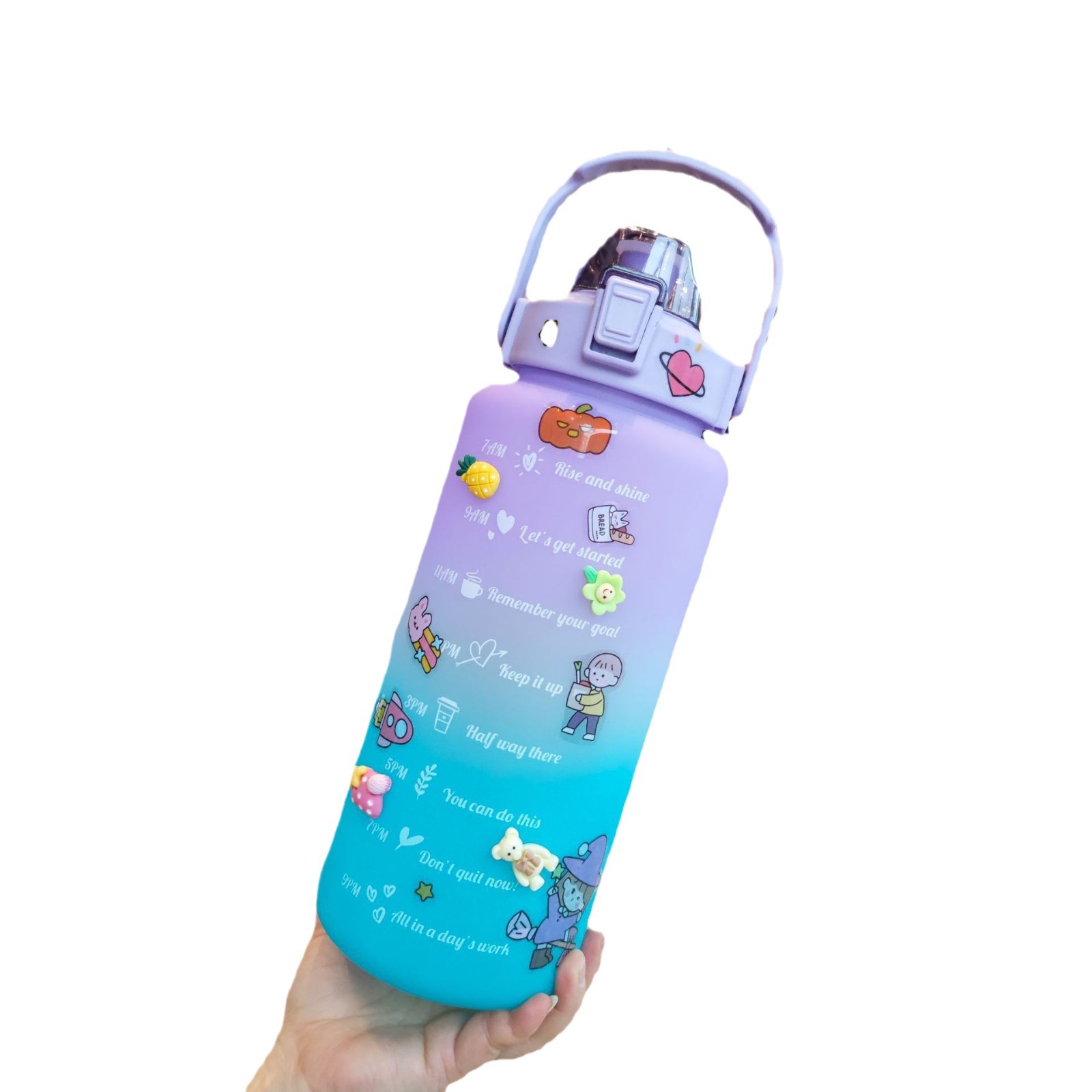 New large-capacity water bottle with gradient color, straw, sports frosted water cup, portable handle with stickers, 2000ml Item Picture