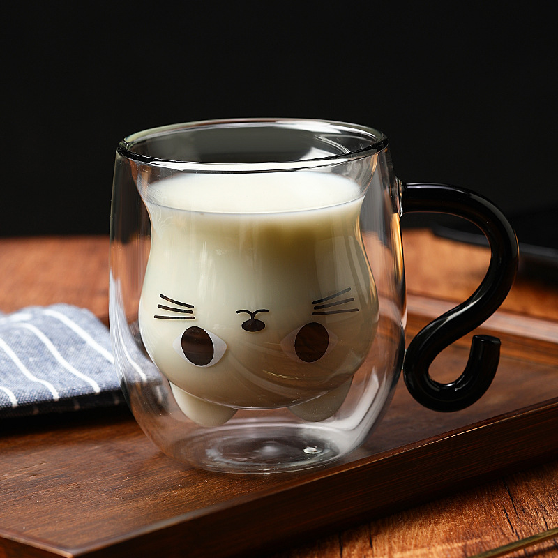 Creative gifts: cat cups, home breakfast coffee cups, high-temperature resistant milk cups, double-layer glass cups, cute pets details Picture