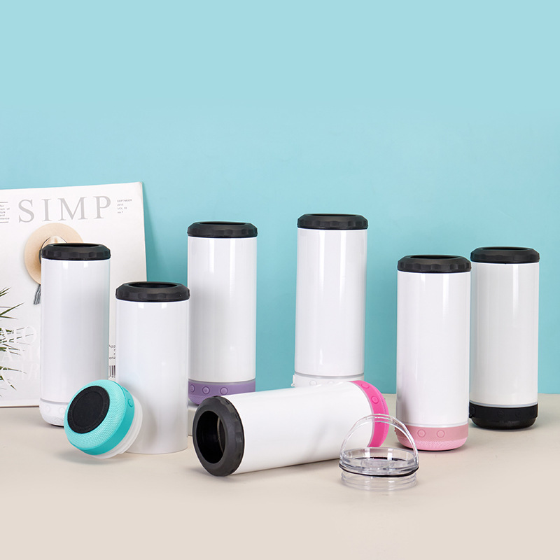 Double-lid multi-purpose stainless steel insulated cup, music cup, car 4-in-1 Bluetooth cup, 16oz thermal sublimation cold preservation tank full figure
