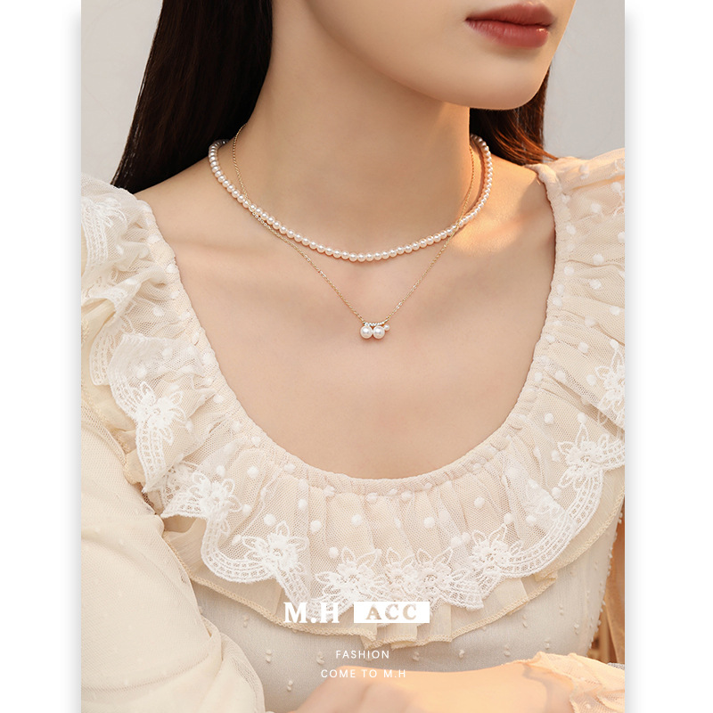 French pearl zircon necklace with a high-end feel, ins simple and versatile collarbone chain, new retro style pendant wholesale details Picture