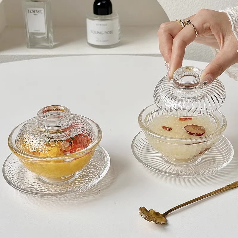 Bird's nest bowl, silver ear fungus small stew pot, glass transparent and exquisite home Chinese-style afternoon tea bowl and plate set with lid, dessert bowl Specification drawing