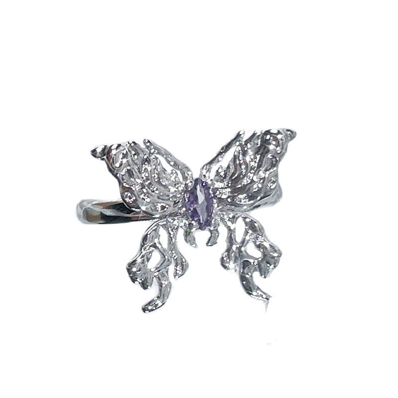 Sweet and cool, niche design, heart-shaped butterfly, purple diamond, light luxury open ring, women's Instagram, cold style, quality, versatile ring Item Picture