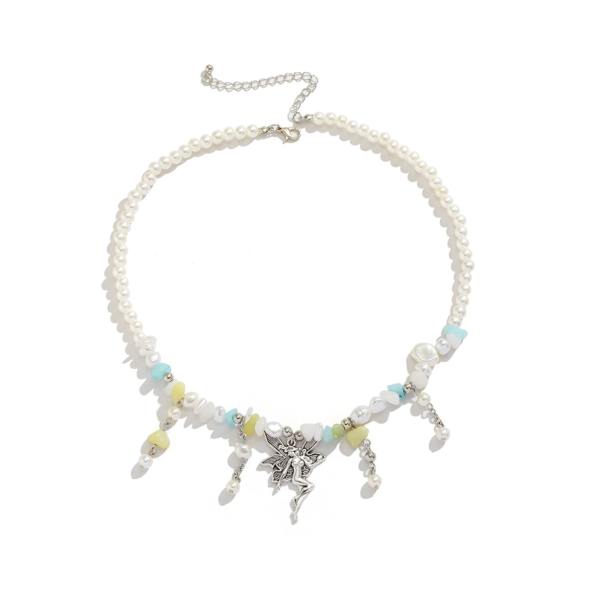 European and American cross-border jewelry, colorful crushed stone beaded sweet necklace, women's collarbone chain, pastoral style angel pendant necklace Item Picture