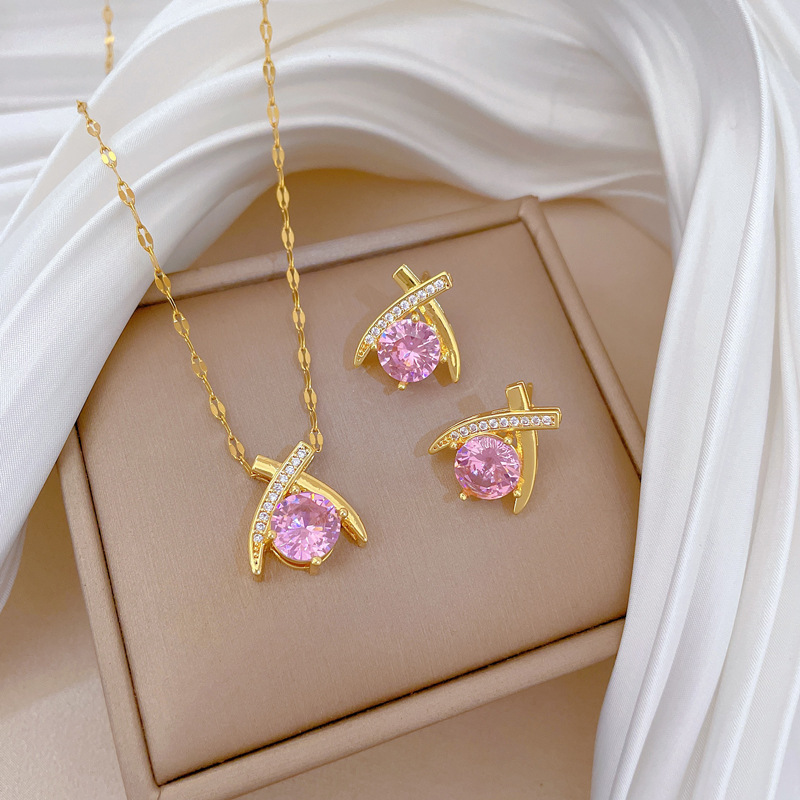 【 Titanium Steel 】 Cross Water Drop Necklace Earrings Set, Light Luxury, micro-inlaid, personalized and elegant banquet earrings and Necklaces combination full figure