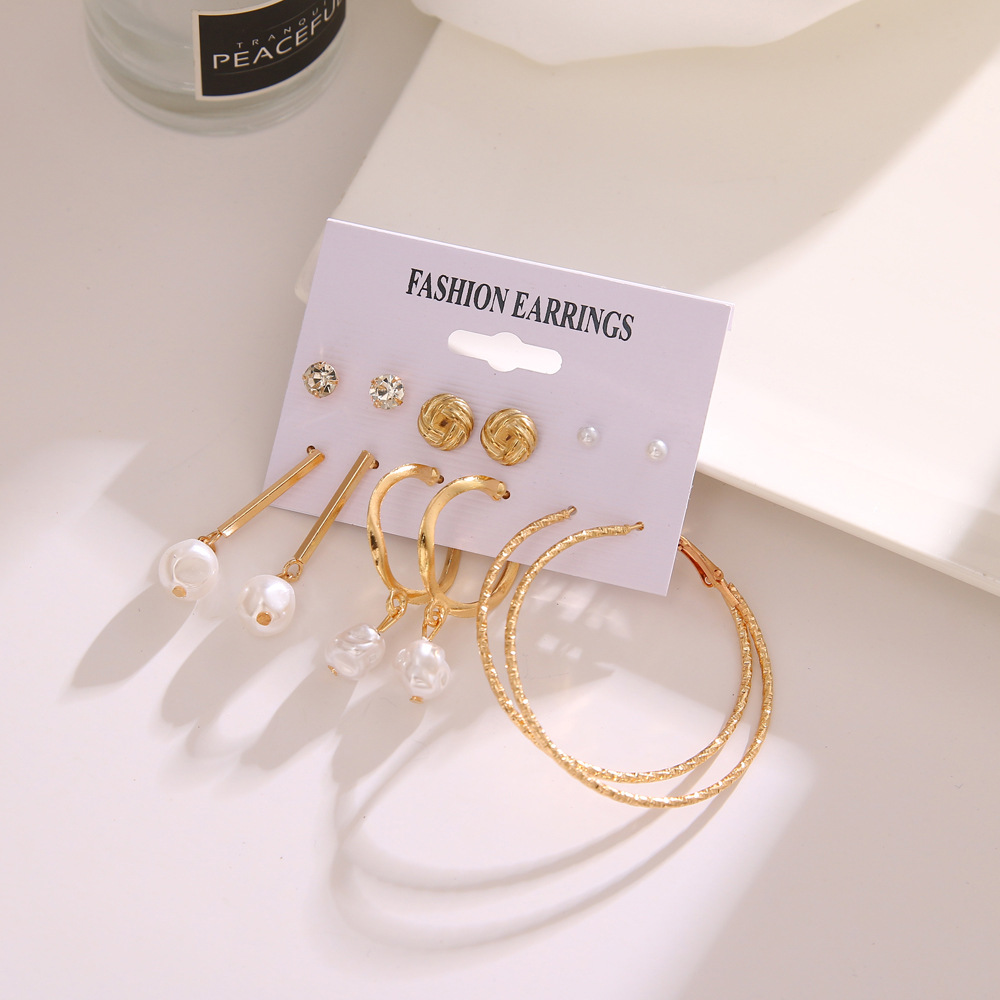 European and American cross-border shell pearl fashionable feminine charm earring set, European and American retro ring earring 6-piece set details Picture
