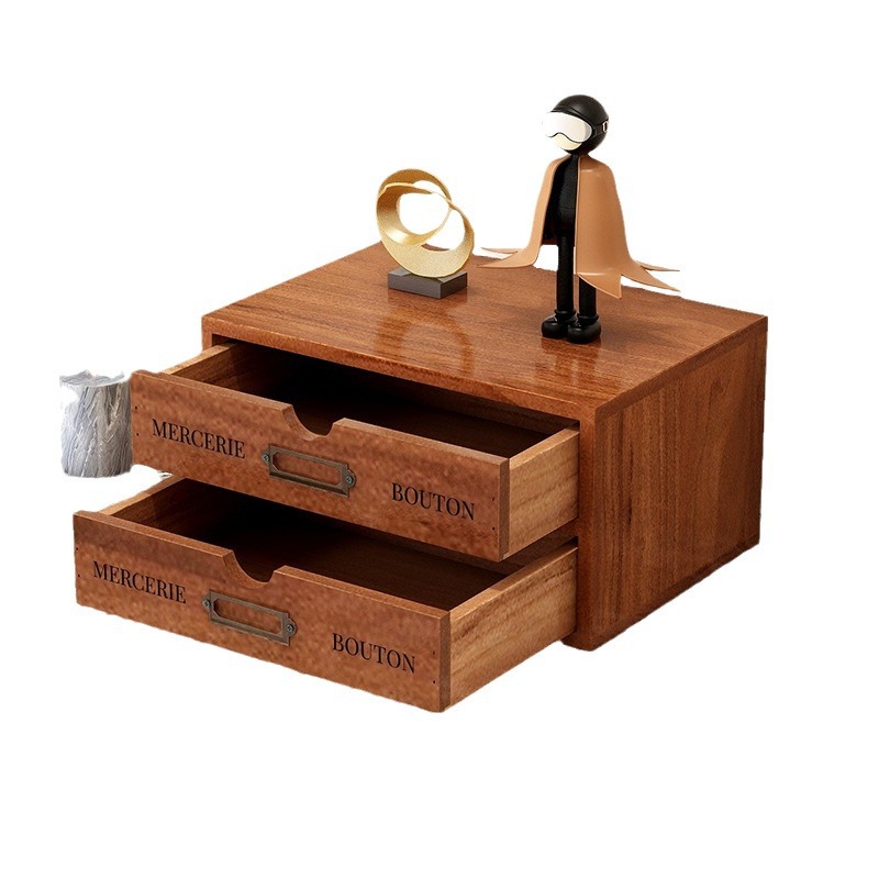 Drawer-type computer height-increasing rack, solid wood office sundries box, retro desktop storage box, multi-layer storage rack Item Picture