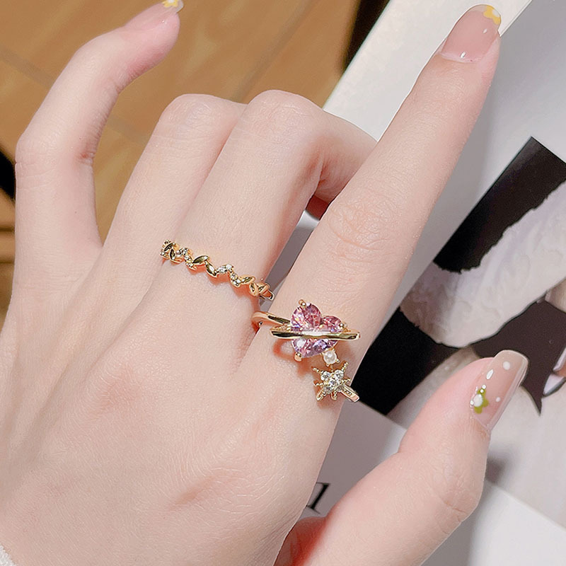 Japanese-style cute heart-shaped pink zircon ring, elegant, light luxury, niche and sweet girl's open index finger ring details Picture