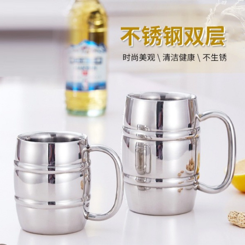 Double-layer stainless steel beer mugs, barrels, coffee cups, wine utensils, wine glasses, double-layer insulated cups, metal water cups, portable for cross-border use full figure