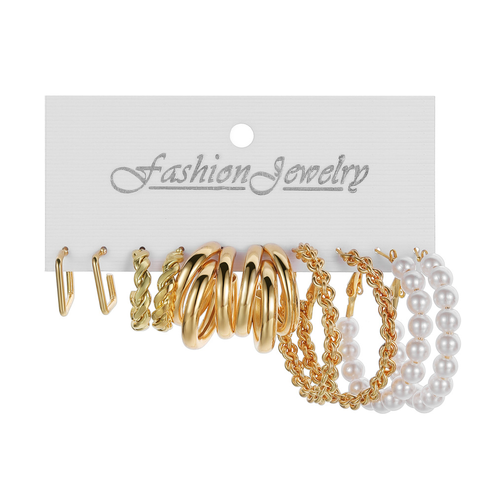 A new set of 6 pairs of retro geometric C-shaped alloy pearl earrings from Europe and America, featuring a fashionable and high-end look for women Item Picture