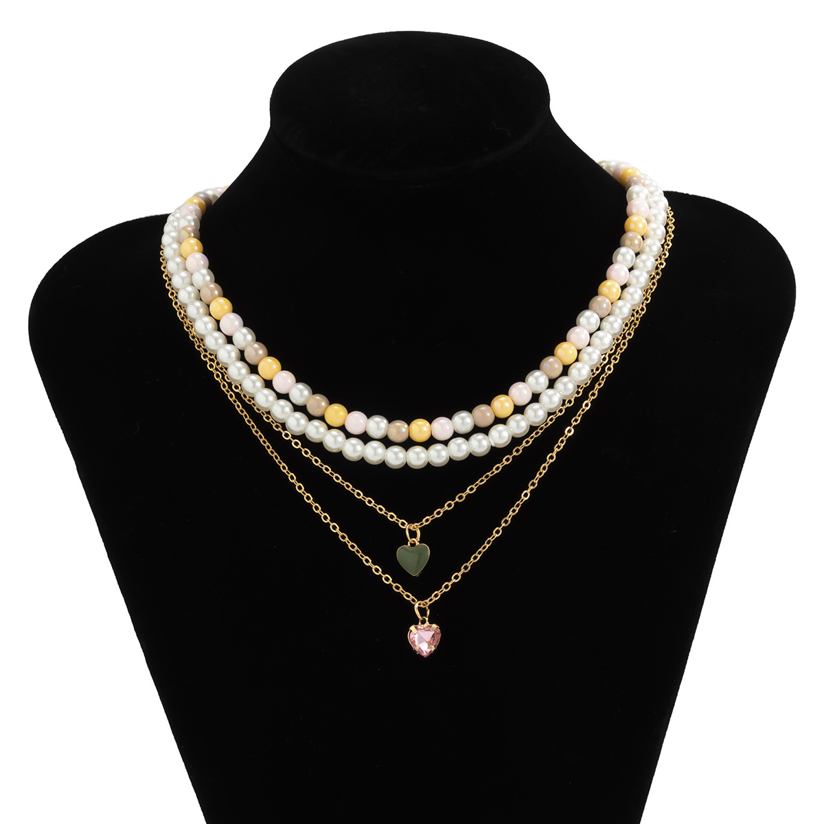 European and American cross-border retro and simple pearl alloy set necklace, personalized tassel oil drip peach heart water diamond neckpiece Item Picture