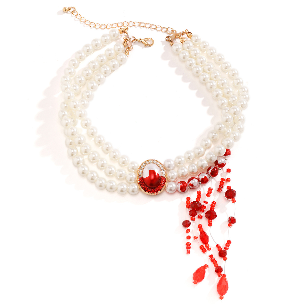 European and American cross-border beaded necklace, Halloween imitation pearl collar, retro Gothic style blood drop tassel choker accessory Item Picture