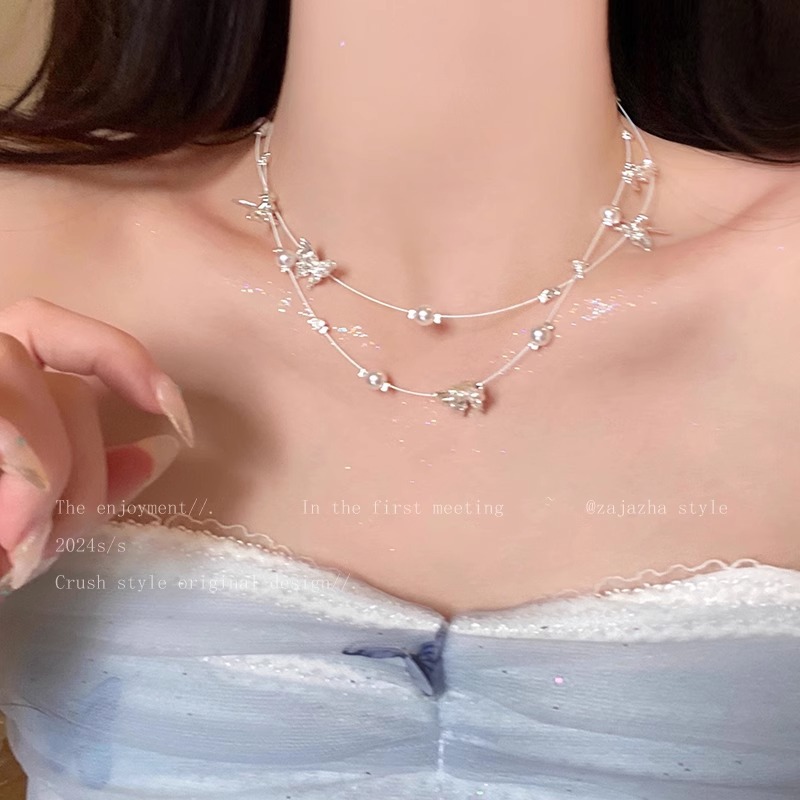 New double-layer butterfly pearl necklace for women with a light luxury and niche design collarbone chain 2024 new style Specification drawing