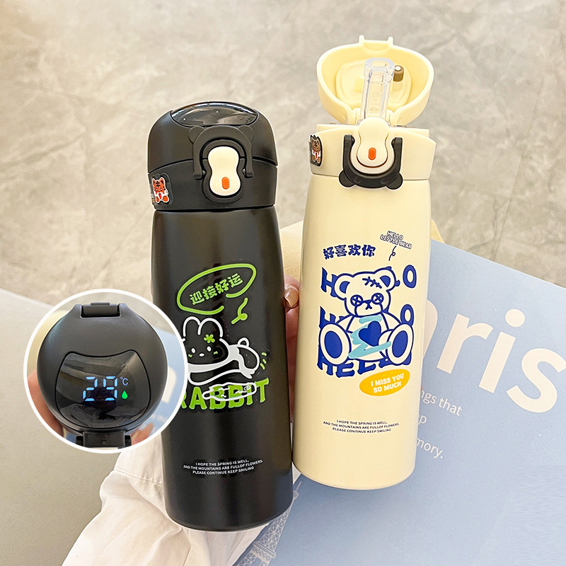 Smart temperature-displaying stainless steel insulated cup for children and students, 2024 new style cartoon cute portable straw cup Application Scenario