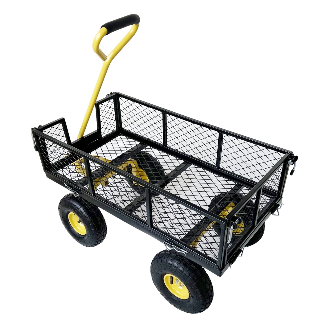 Side-detachable steel outdoor towing practical four-wheel garden trolley, heavy-duty durable steel mesh transport trolley Item Picture