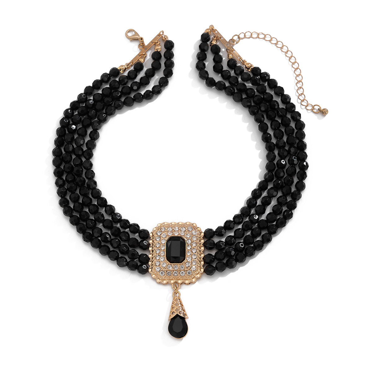 European and American cross-border jewelry, court-style crystal beaded choker necklace, retro square diamond-encrusted gemstone collarbone chain Item Picture