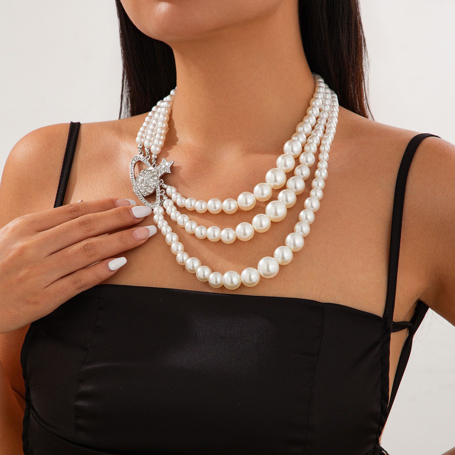 European and American cross-border jewelry, fashionable imitation pearl multi-layer necklace, light luxury style alloy beaded collarbone chain for women Specification drawing