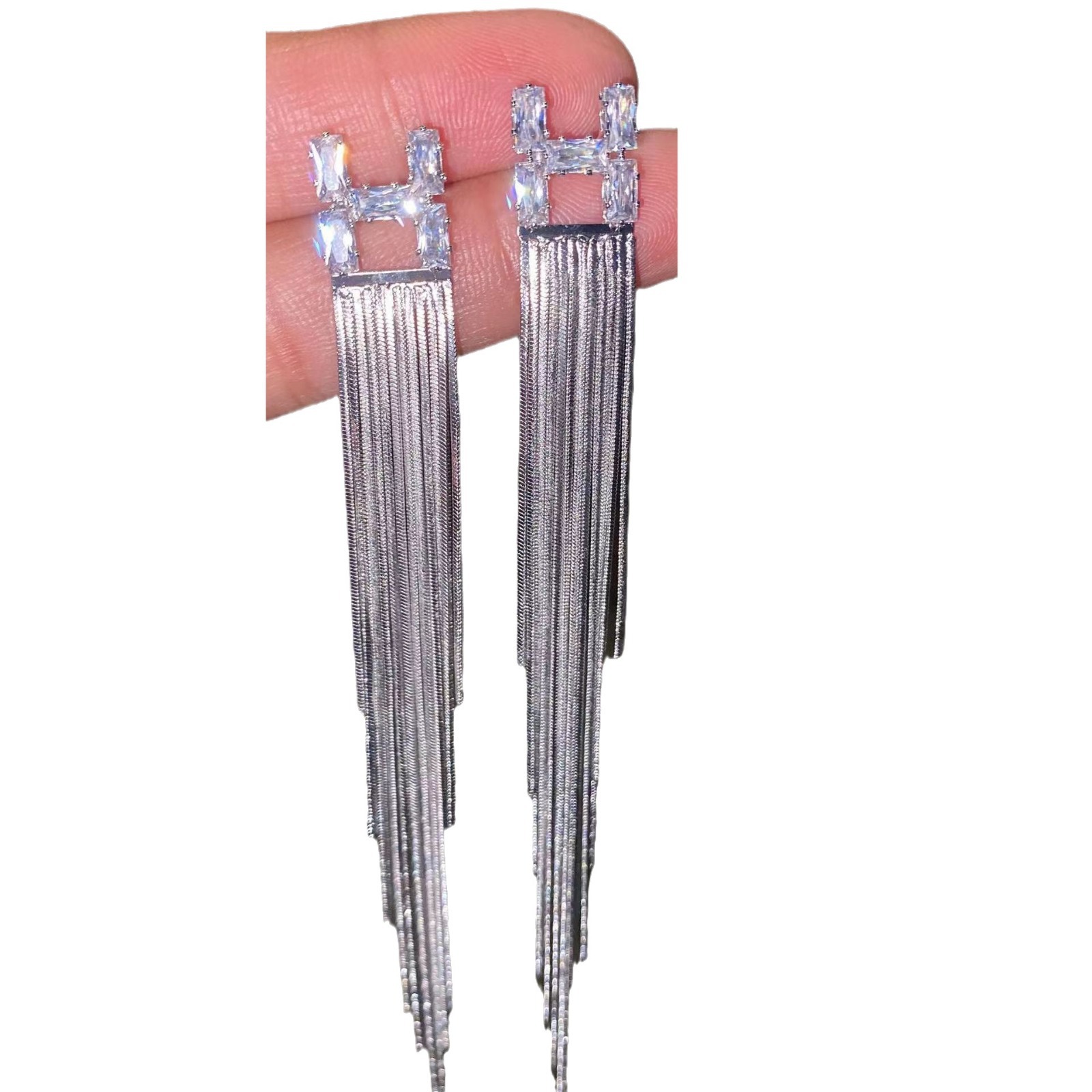 Light luxury Korean-style long fringed zircon H-letter stud earrings and earrings with a feminine, high-end and niche design sense Item Picture