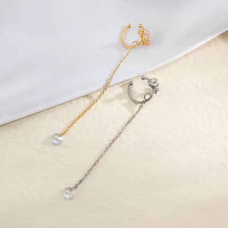 Diamond-encrusted tassel ear clips for women, no ear piercings, forest-style, super ethereal and high-end earrings, long ear hooks, ear bone clips, zircon earrings Item Picture