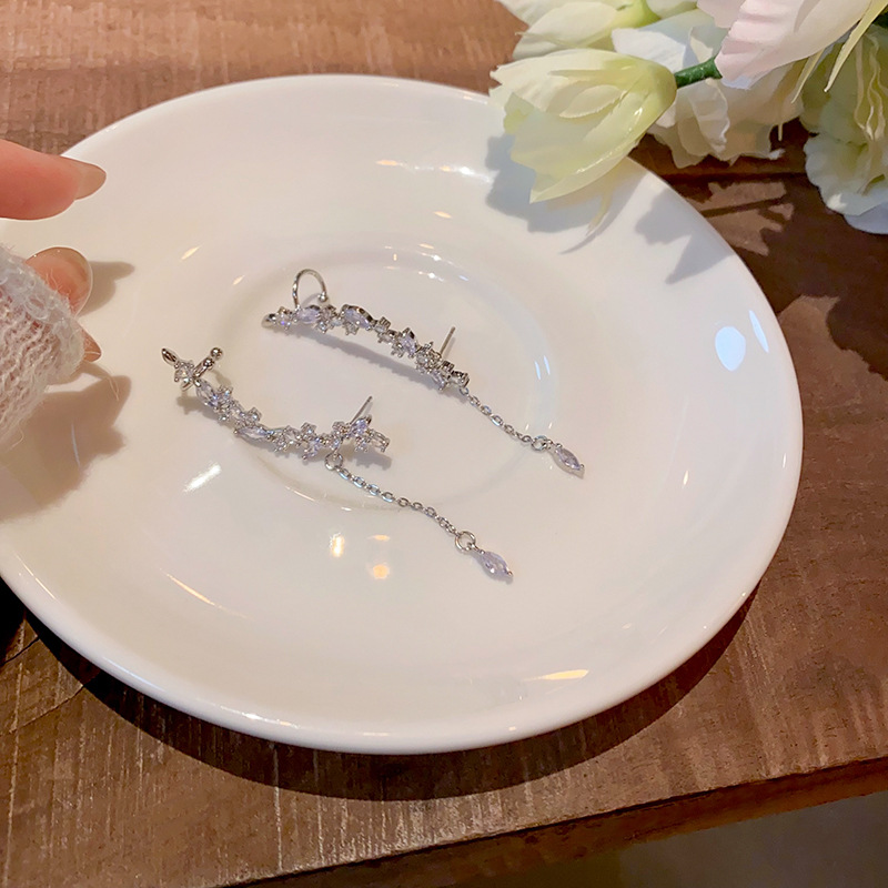 Super ethereal tassel flower earrings, women's forest-style fairy stud earrings, water drop long earrings, ear bone clips, internet-famous earrings Specification drawing