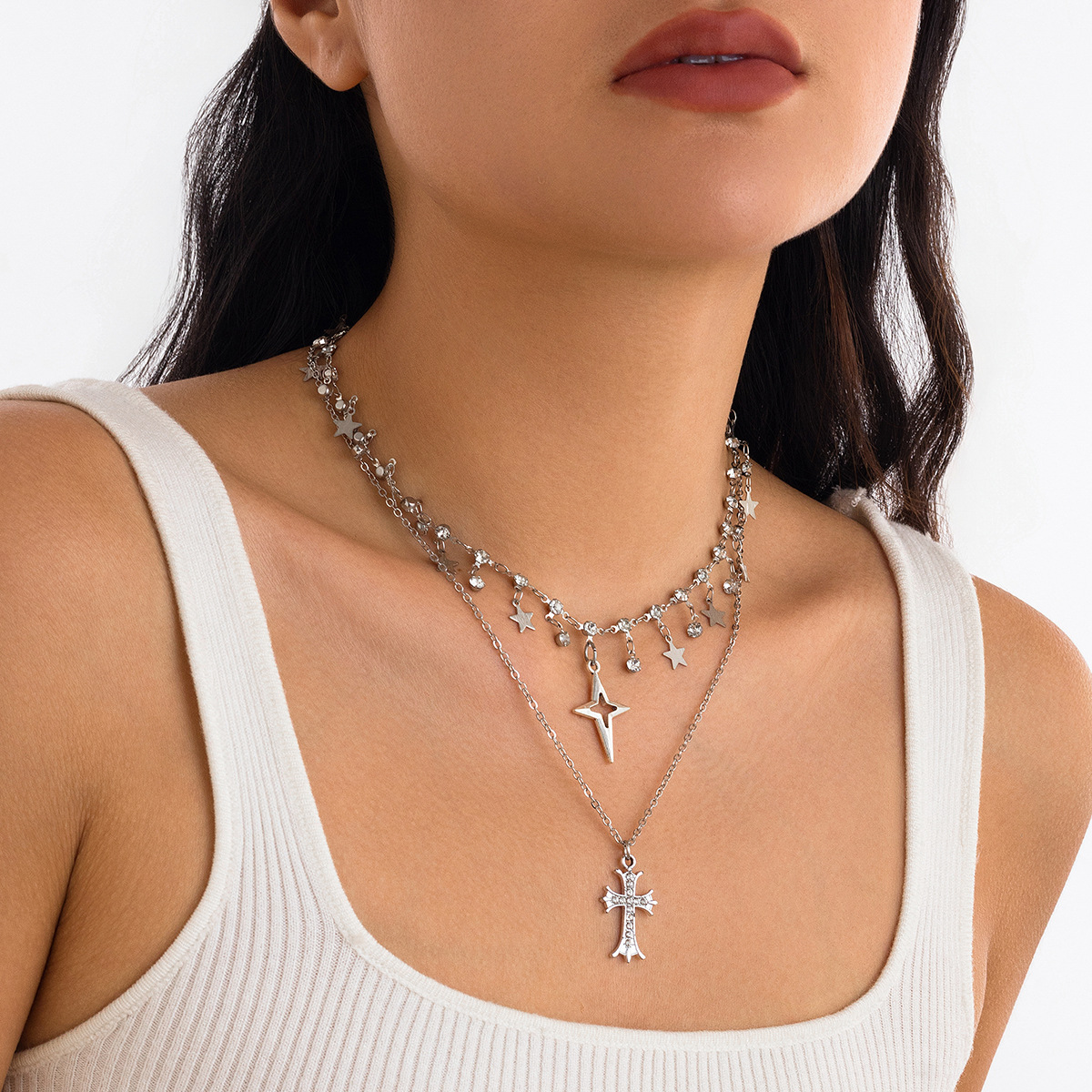 European and American cross-border jewelry punk style cross diamond pendant necklace, personalized multi-layer alloy collarbone chain for women details Picture