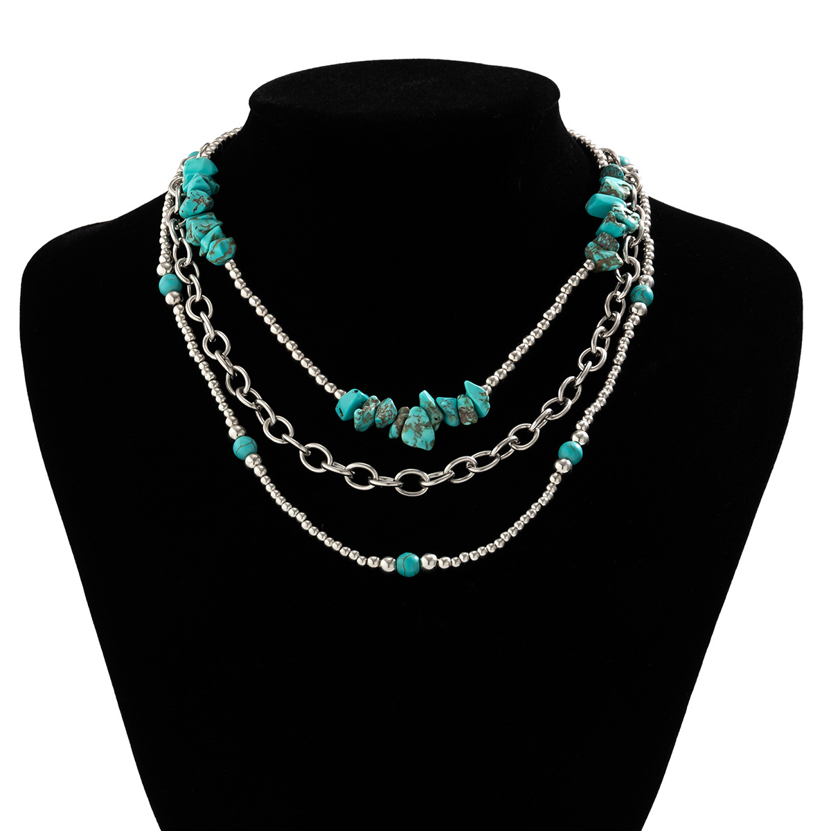 European and American cross-border jewelry, ethnic style cross-chain color-blocking necklace, retro patterned turquoise set necklace for women Application Scenario