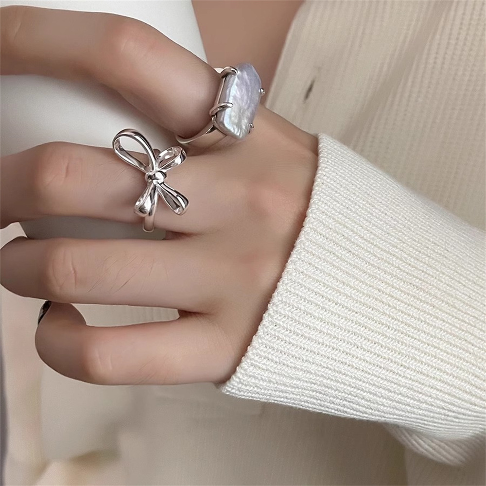 Korean bow ring for women, 925 sterling silver pearl ring, ins, cold style, simple and individual, light luxury index finger ring trend details Picture