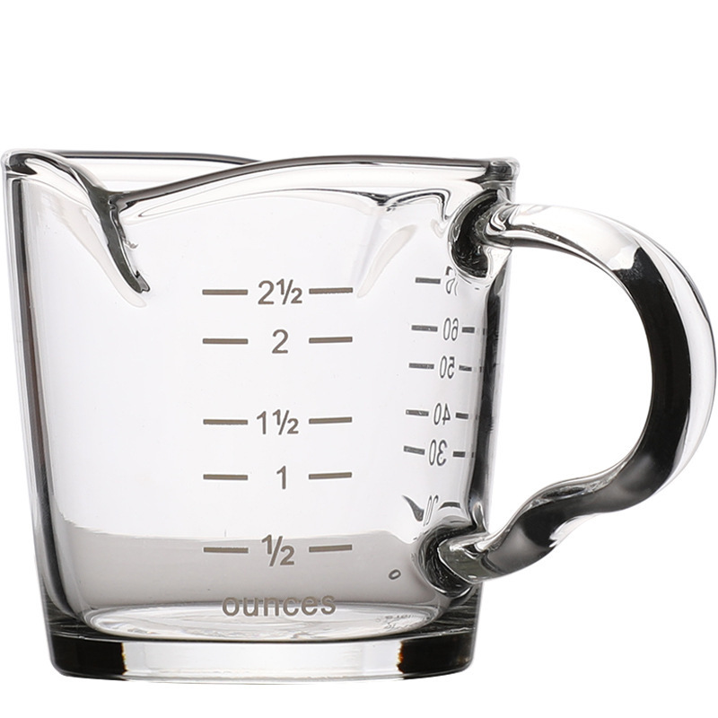 Thickened heat-resistant glass double-spout milk cup, mixed milk cup with scale, mini glass coffee cup, extraction cup, small milk cup Item Picture