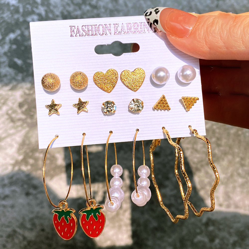 Wholesale of 9-piece cross-border retro heart-shaped butterfly earrings from Europe and America, creative snake-shaped sword mushroom ear buckles Specification drawing