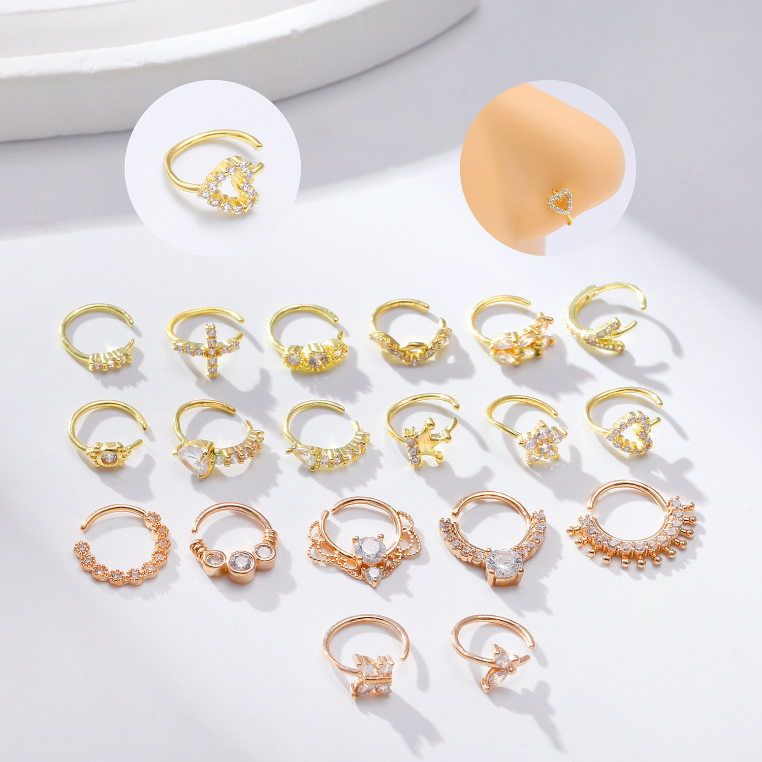 Wholesale of cross-border new diamond-encrusted butterfly-shaped heart-shaped nose rings, women's unique and elegant crown cross nose ornaments and piercing accessories details Picture