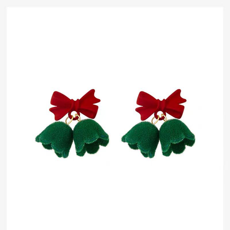925 Bow Velvet Christmas Bell Pearl Earrings, Korean ins cute and small stud earrings, light luxury style earrings Item Picture