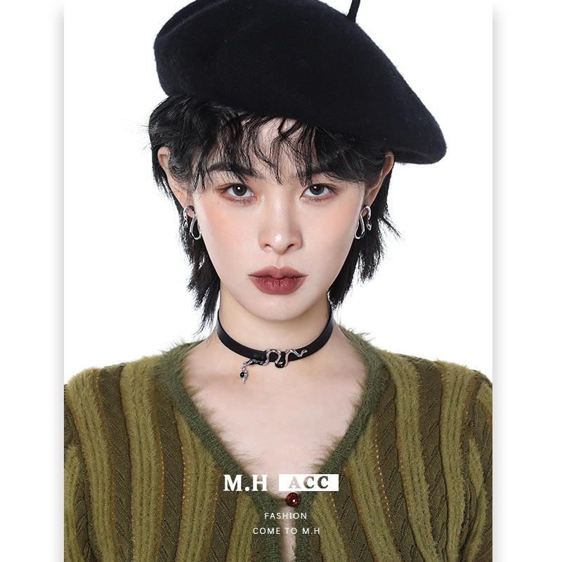 Original spirit snake necklace, women's high-end, light luxury, retro hip-hop, hot girl, Gothic, neutral necklace, black leather collar full figure