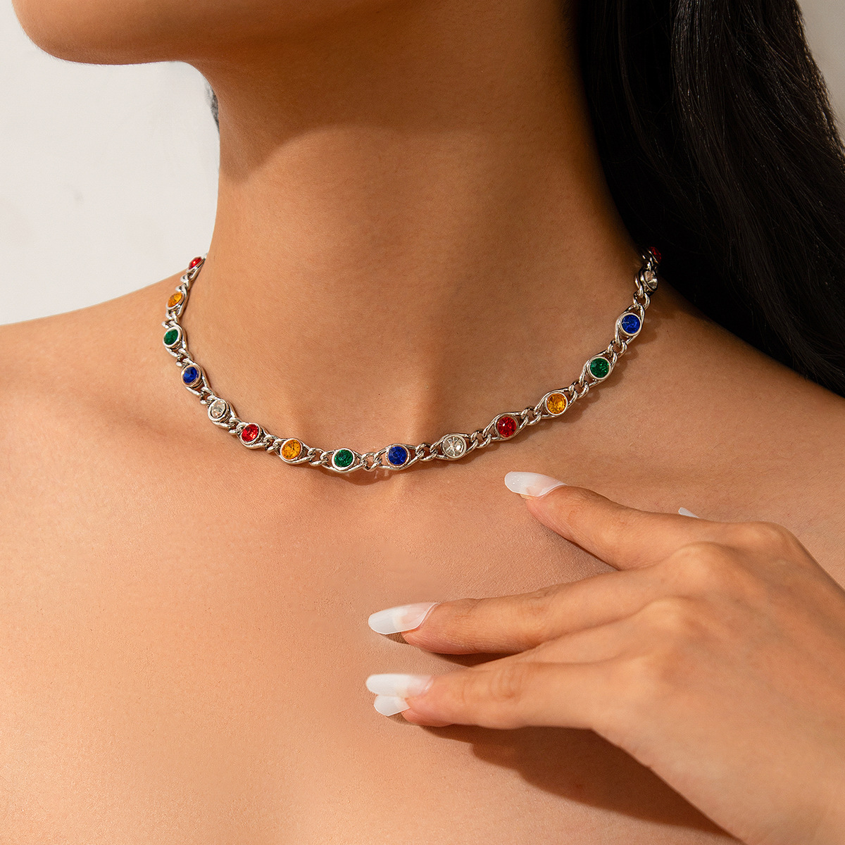 European and American cross-border jewelry, sweet style, colorful studded rhinestone chain necklace, irregular metallic collarbone chain set Specification drawing