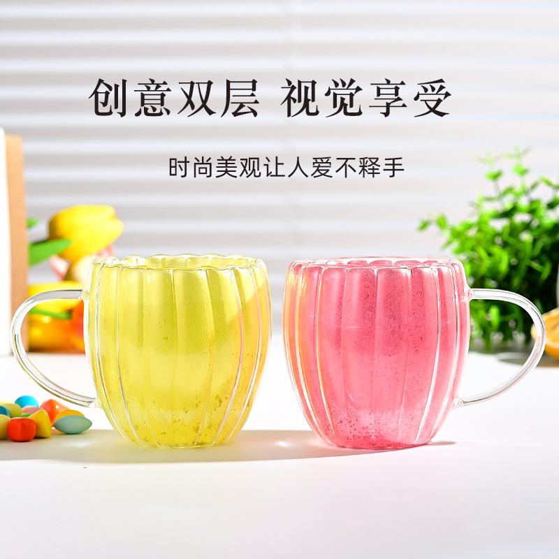 High borosilicate petal vertical striped glass cup, home color handle cup, home office breakfast coffee milk cup Specification drawing