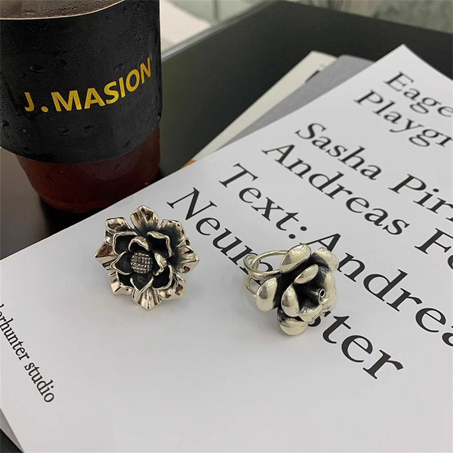 European and American exaggerated large flower ring for women, 925 silver peony flower open ring, retro aged and cold style index finger ring Application Scenario