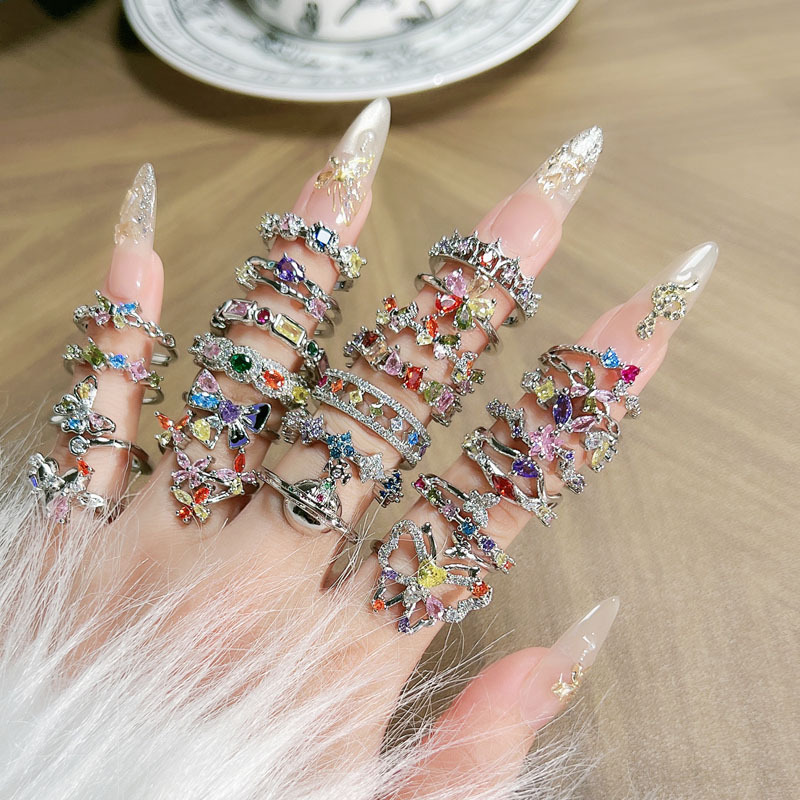 Eden Series retro colored diamond sweet and cool open ring, women's light luxury and high-end feel, Hong Kong-style stacked index finger ring full figure