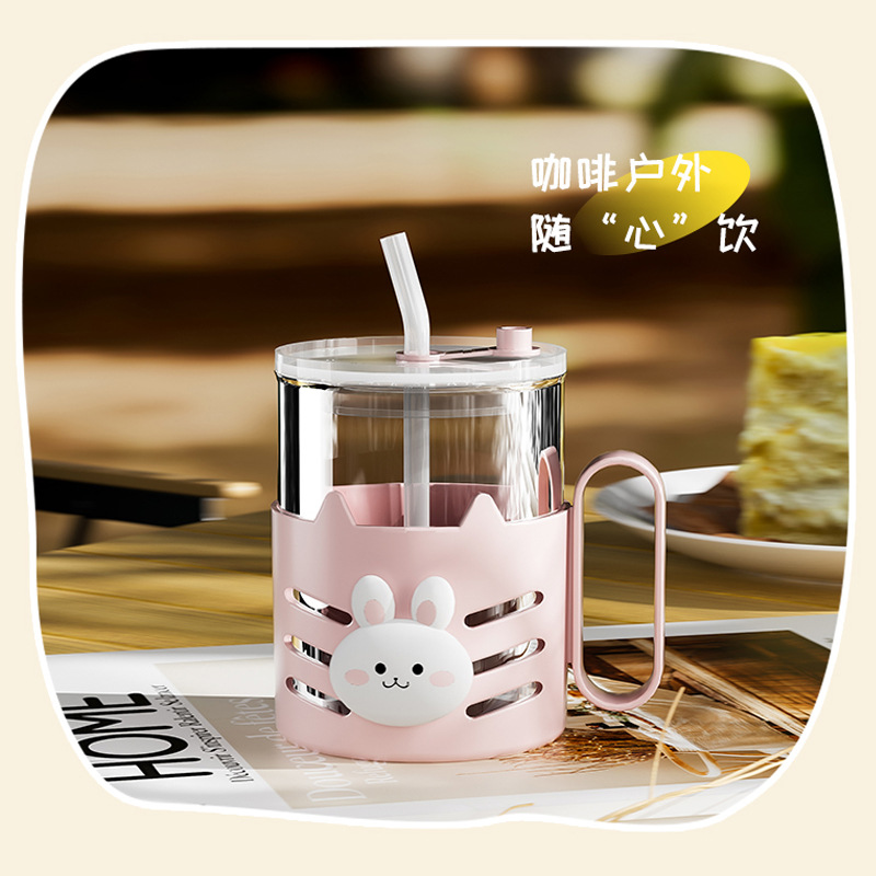 Double-layered glass cups with handles, cartoon printed straw cups, cute breakfast cups, gift water cups, milk straw cups Application Scenario