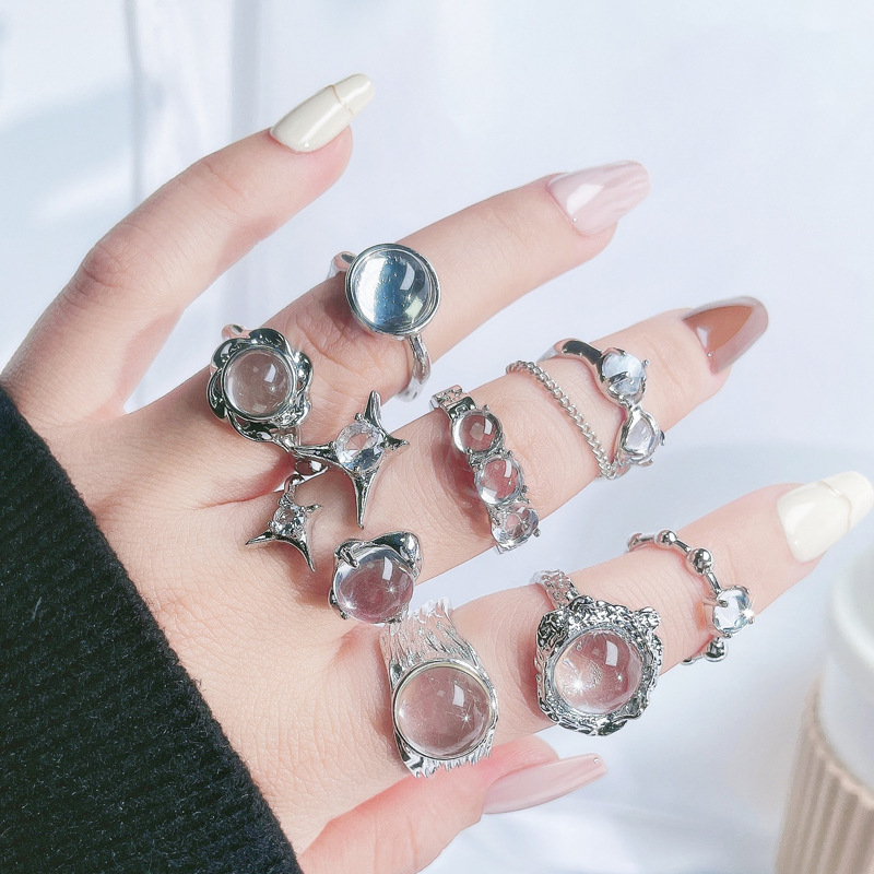 A light luxury irregular starlight pleated texture open ring, a simple and elegant moonstone, sweet and cool index finger ring for women details Picture