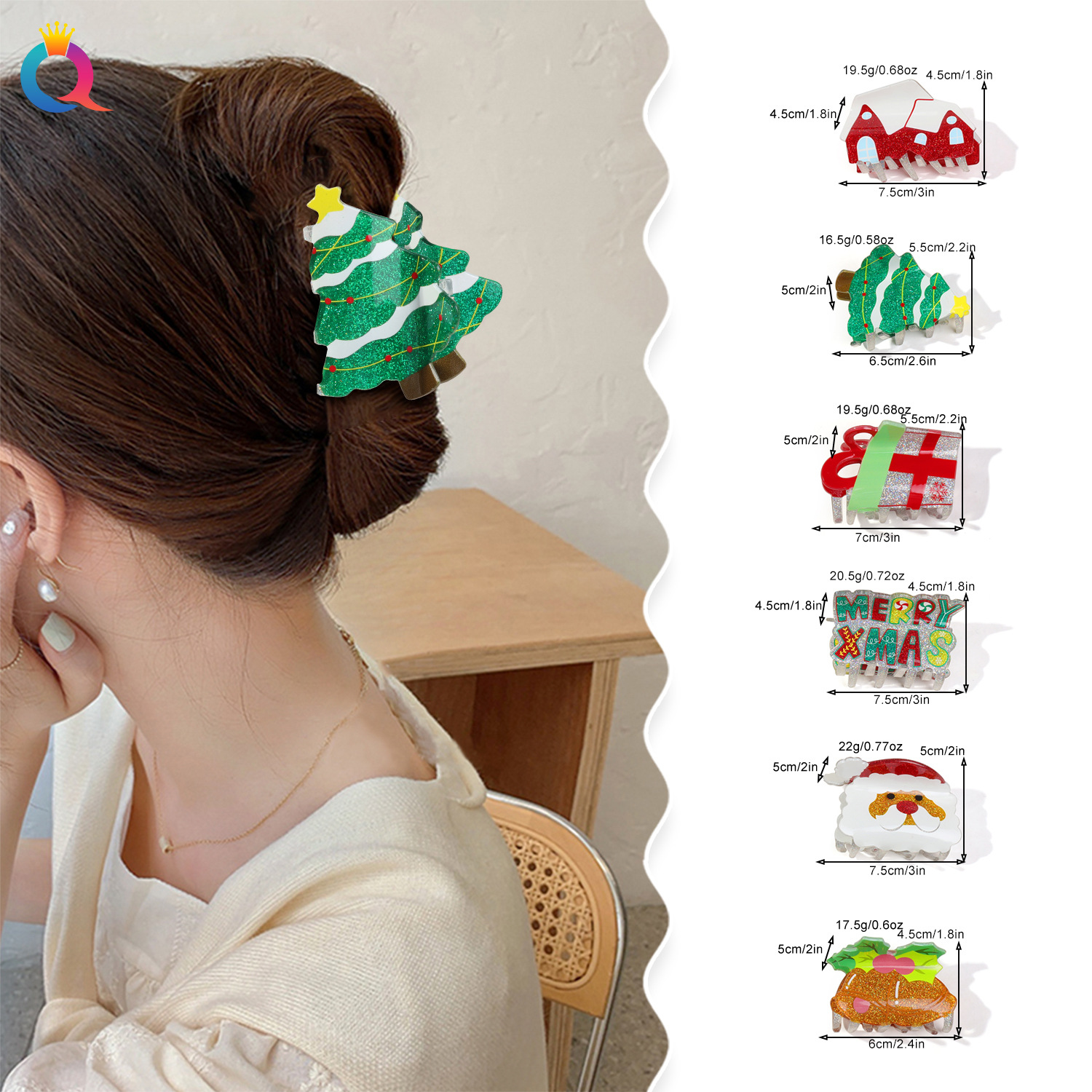 Wholesale of Qiyue Cross-border Acrylic Christmas Cartoon glitter hair clips, updo hair clips, high-end shark clips and hair accessories details Picture