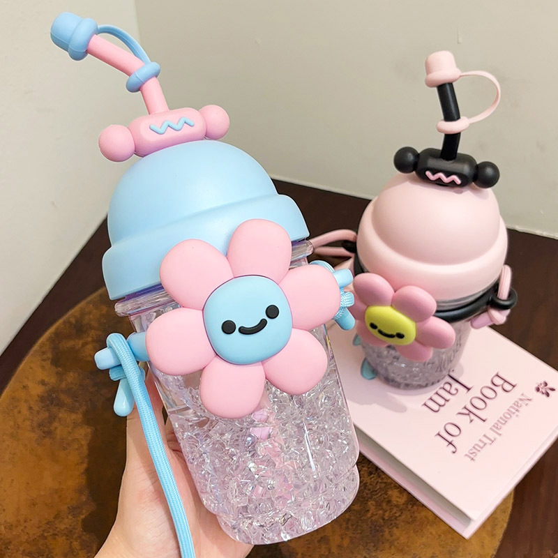 Sunflower straw plastic cup, large-capacity cartoon children's water cup, girls' high appearance level, fashionable flower cup with handle Specification drawing