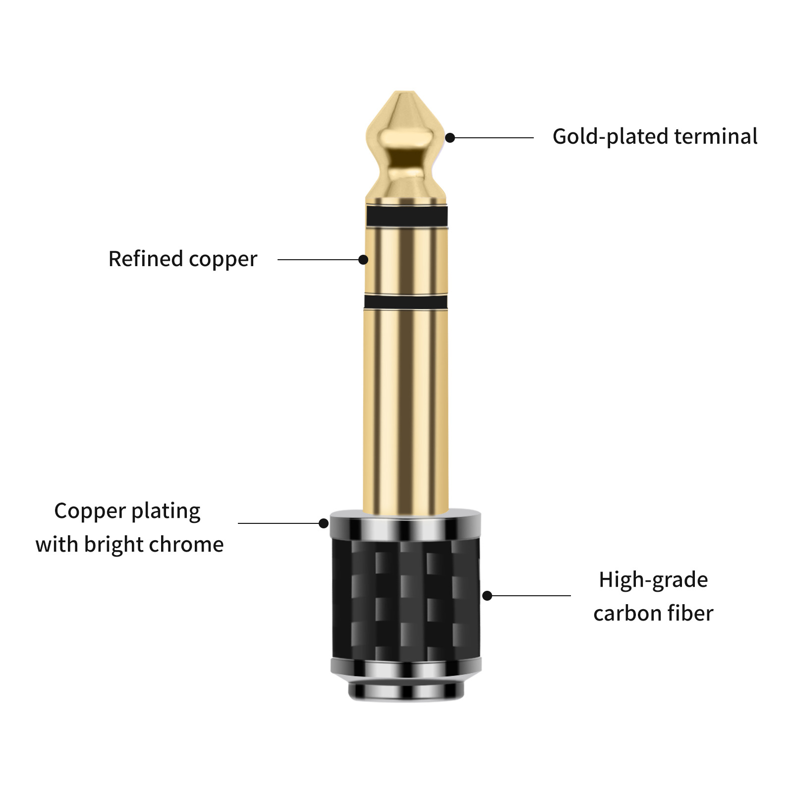 New carbon fiber pattern gold-plated head 6.35mm revolution 3.5mm female adapter 1/4 revolution 1/8 female adapter Specification drawing