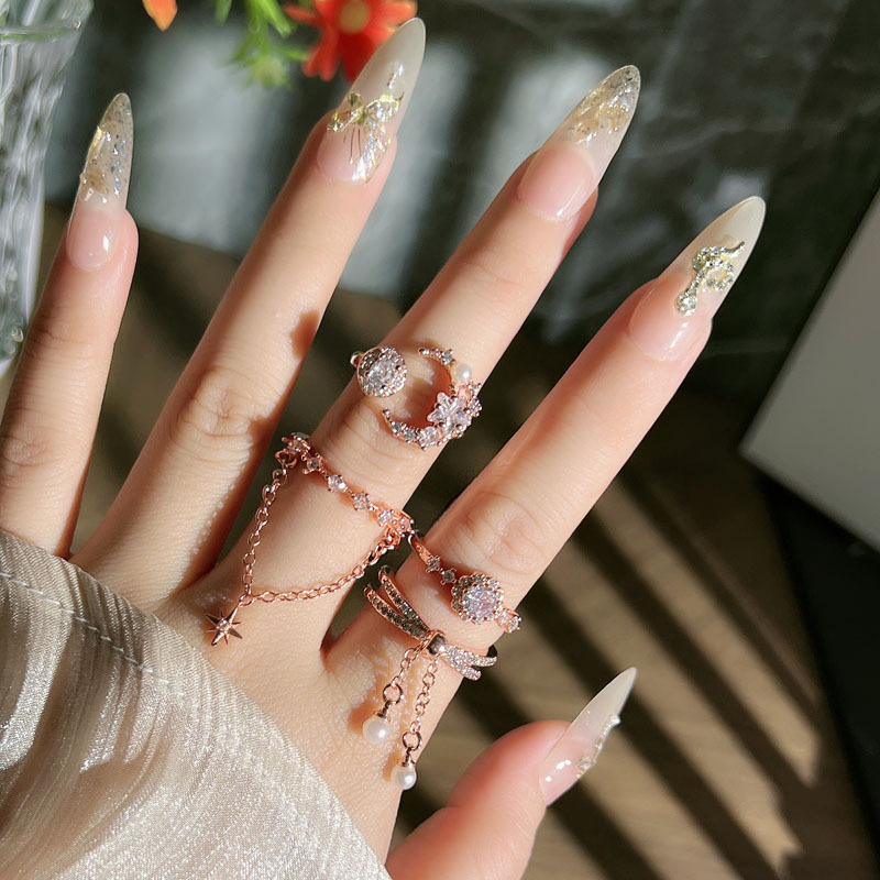 Korean rose gold row diamond chain tassel unique open ring, exquisite layering for women, a light luxury and high-end ring details Picture