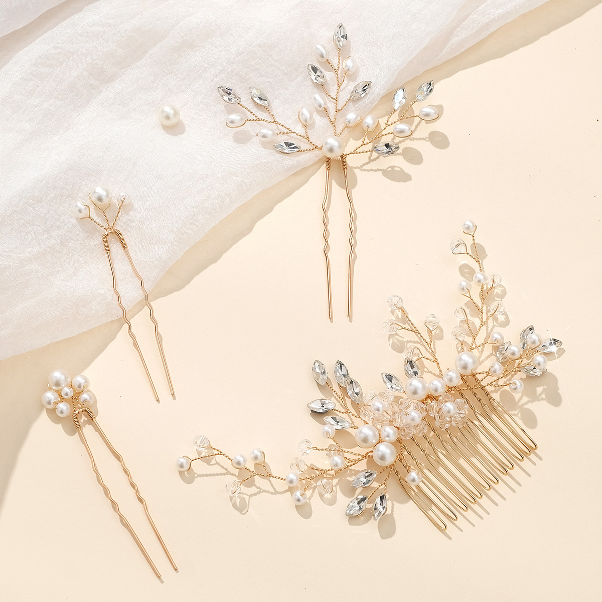 Cross-border bride headwear set, rhinestone and pearl hairpins, hair combs, European and American wedding hair accessories, U-shaped pins, hair coils, hair combs Specification drawing